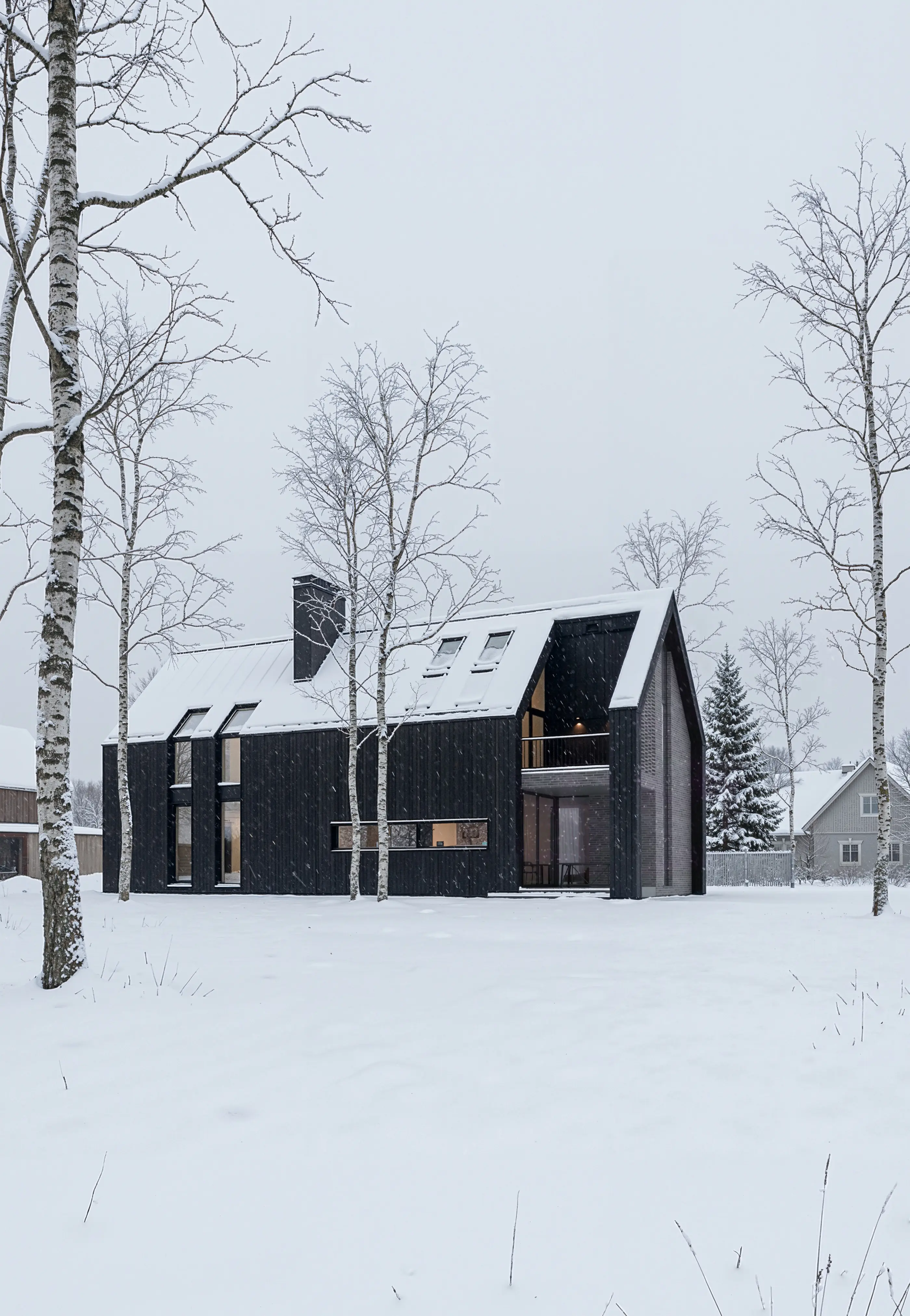 A black timber Green Harbor house among birch trees in falling snow.